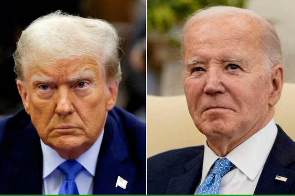 Gambar kombinasi mantan Presiden AS Donald Trump menghadiri persidangan perdata pada 6 November 2023, dan Presiden AS Joe Biden di Gedung Putih di Washington, AS, 1 Maret 2024. REUTERS 