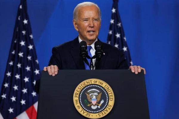 Presiden Joe Biden menghadiri konferensi pers selama KTT peringatan 75 tahun NATO, di Washington, AS, 11 Juli 2024. REUTERS 