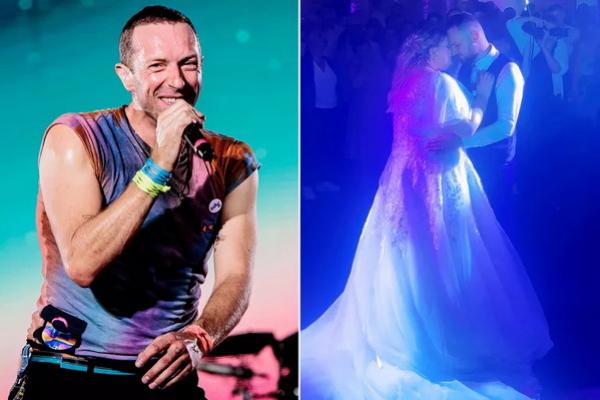 Chris Martin dari Coldplay; Celine dan Paul Decloy berdansa di pernikahan mereka pada tanggal 7 September. (FOTO: GETTY/COURTESY PAUL DECLOY) 