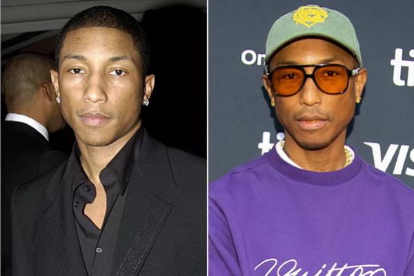 Pharrell Williams pada tahun 2002; Pharrell Williams pada tahun 2024. (FOTO: WIREIMAGE/FILMMAGIC) 