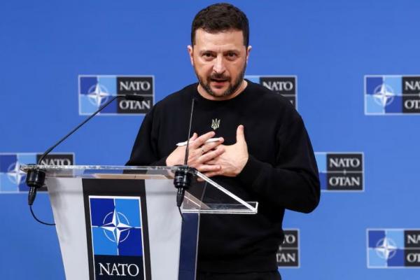 Presiden Ukraina Volodymyr Zelenskiy menghadiri konferensi pers di markas besar NATO di Brussels, Belgia, 17 Oktober 2024. REUTERS 