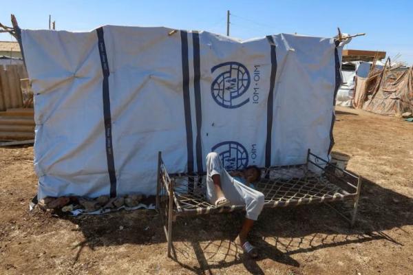 Seorang anak laki-laki pengungsi Gezira berbaring di bangku dengan logo Organisasi Internasional untuk Migrasi di belakangnya di New Halfa, Sudan, 2 November 2024. REUTERS 