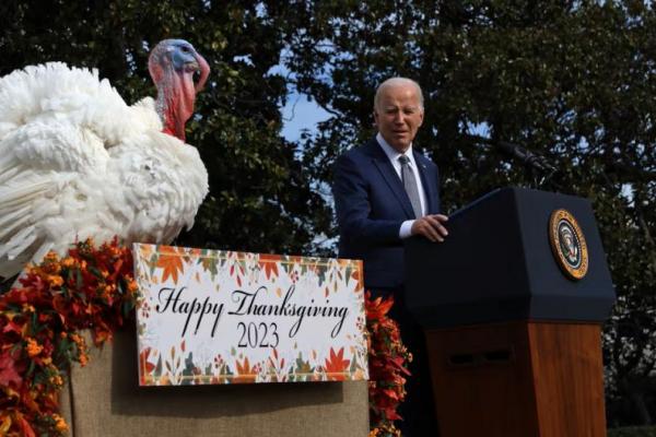 Presiden AS Joe Biden memberikan pengampunan kepada kalkun Thanksgiving nasional, di Gedung Putih di Washington, AS, 20 November 2023. REUTERS 