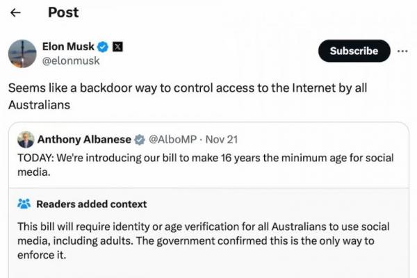 Tangkapan layar menunjukkan unggahan di X dari Elon Musk mengenai RUU Australia untuk mengatur media sosial pada 21 November 2024. X via REUTERS 