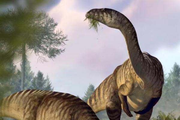 Rekonstruksi artistik dinosaurus sauropodomorph pemakan tumbuhan herbivora di ekosistem Jurassic Awal Soltykow, Polandia, dalam ilustrasi yang dirilis pada 27 November 2024. Handout via REUTERS 