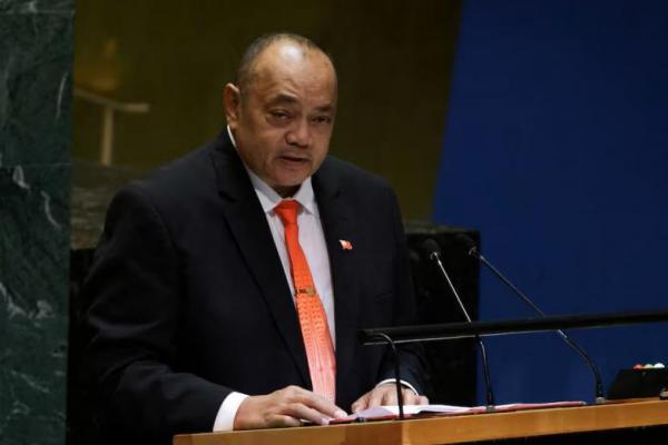 Perdana Menteri Tonga Siaosi Ofakivahafolau Sovaleni berpidato di Sidang Umum PBB ke-79 di markas besar PBB di New York, AS, 27 September 2024. REUTERS 