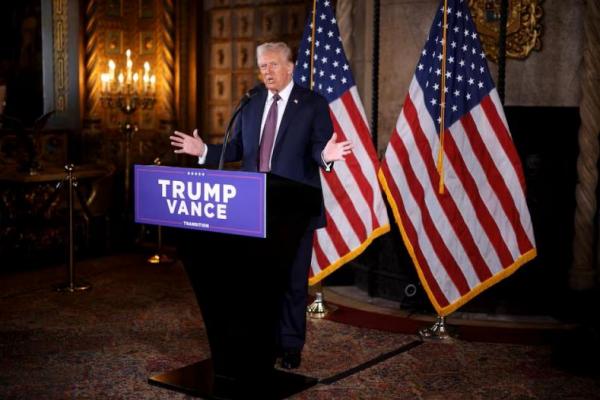 Presiden terpilih AS Donald Trump menyampaikan pidato di Mar-a-Lago di Palm Beach, Florida, AS, 7 Januari 2025. REUTERS 