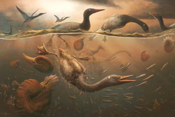 Burung Periode Cretaceous bernama Vegavis sedang menyelam mencari ikan di laut dangkal di lepas pantai semenanjung Antartika, dalam gambar ilustrasi yang dirilis 5 Februari 2025. Handout via REUTERS 