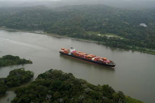 Pemandangan udara menunjukkan sebuah kapal kargo yang melintasi Terusan Panama di Kota Panama, Panama, 1 Februari 2025. REUTERS 