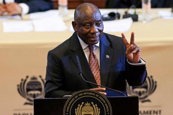 Presiden Afrika Selatan Cyril Ramaphosa saat menyampaikan Pidato Kenegaraan 2025 di Cape Town, Afrika Selatan, 6 Februari 2025. REUTERS 