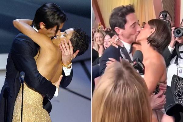 Adrien Brody dan Halle Berry berciuman di Oscar 2003 (kiri); Adrien Brody dan Halle Berry menirukan ciuman di karpet merah Oscar 2025. (FOTO: GETTY IMAGE/INSTAGRAM) 